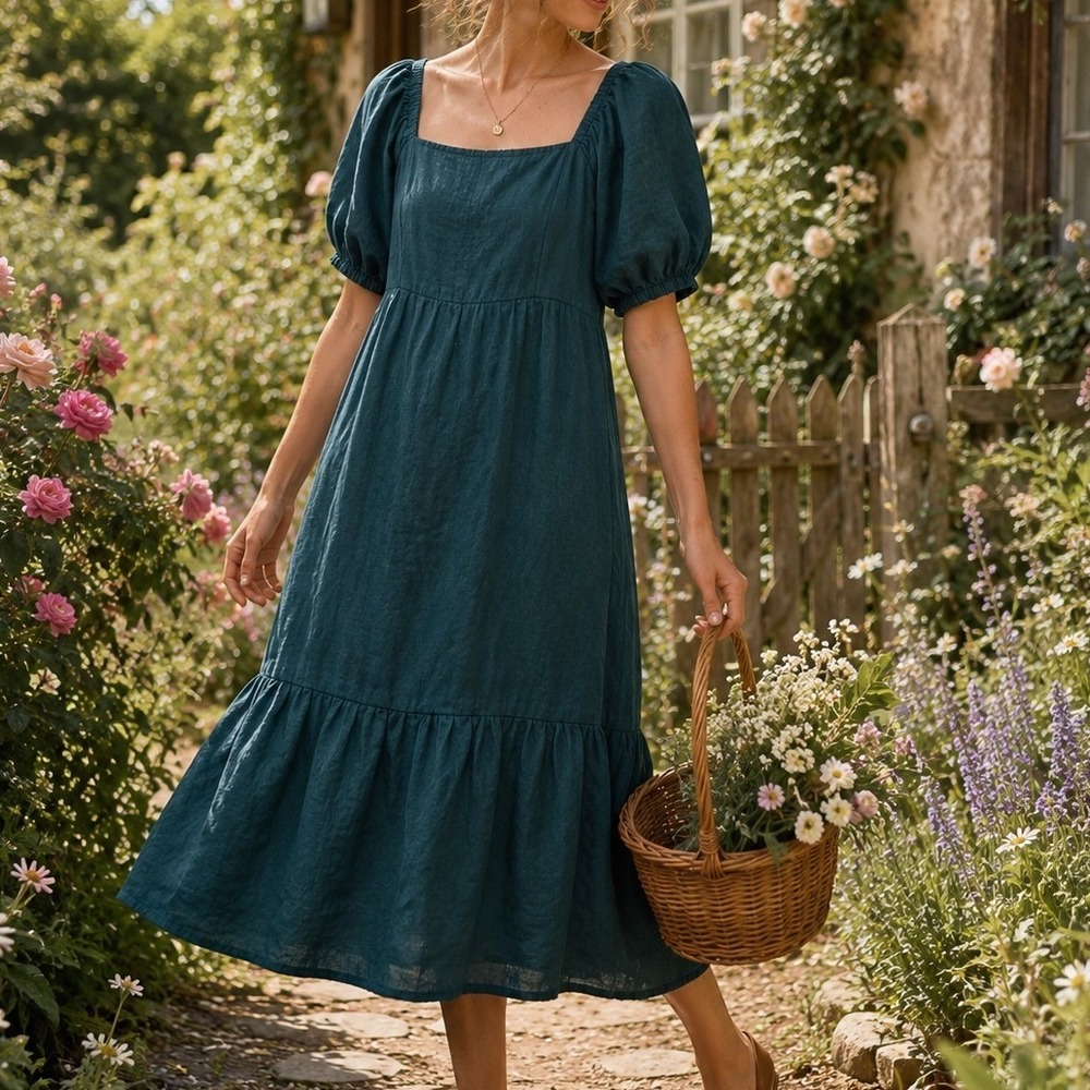 Garnet Hill 100% Linen Midi Dress M Teal Puff Sleeve Square Neck Smocked Cottage